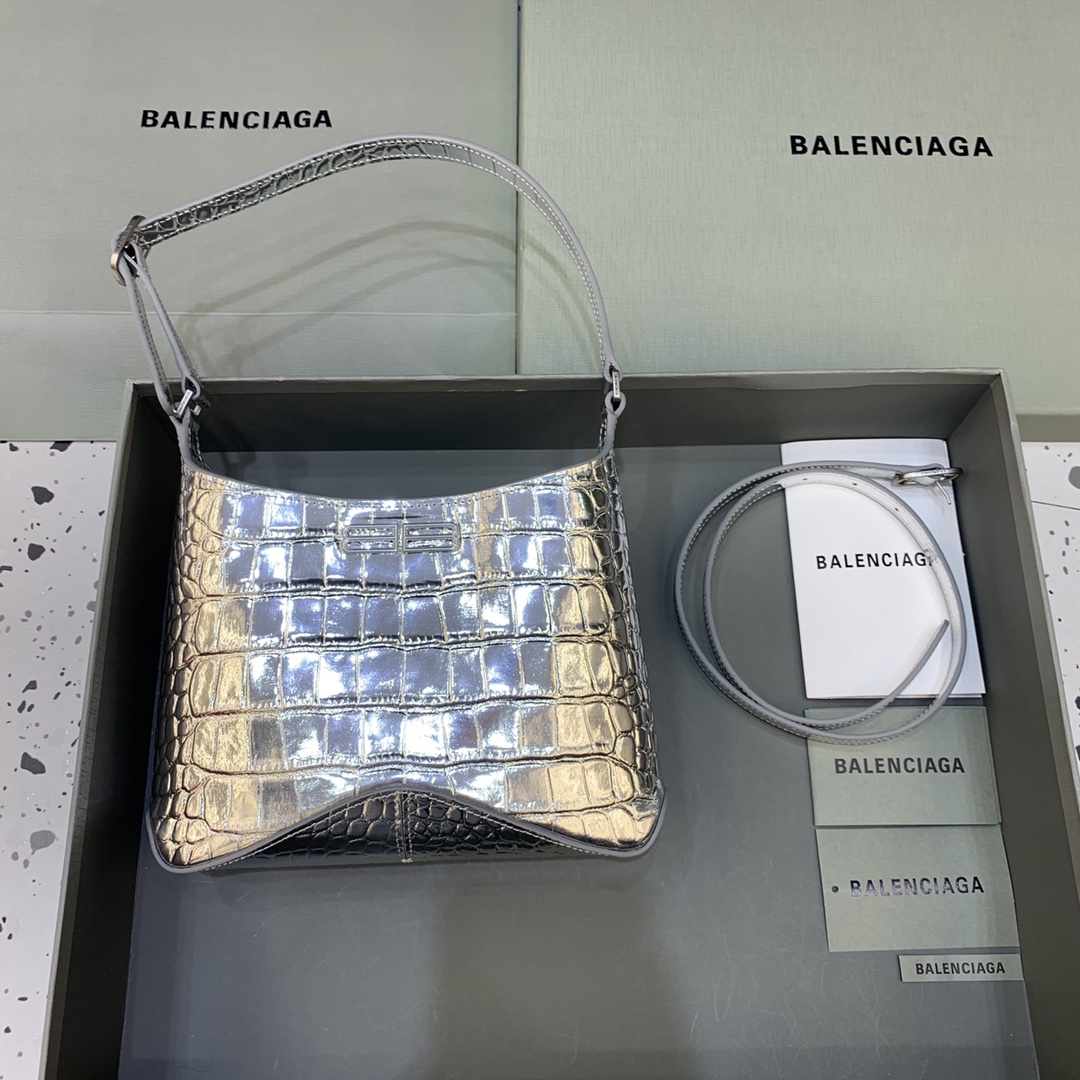 Balenciaga XX Small Hobo Flap Bag Crocodile Embossed Silver